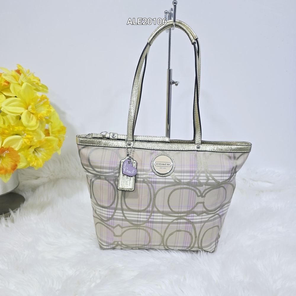 Coach Beige and Gold Tote with Purple Accents Like New.